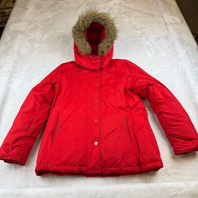 Chaqueta parka de invierno GAP para mujer roja con capucha de piel sintética recortada talla L Foto 1 de 4