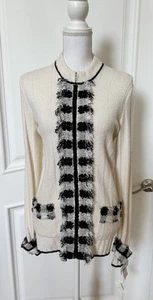 CHANEL Black & Off-White Cashmere Cardigan Zip Front Sweater Size 42 Stretch - Picture 1 of 13