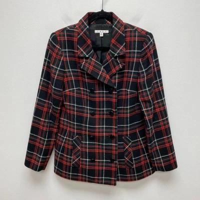 Casaco Cabi feminino preto vermelho Manhattan xadrez tartan peito duplo lã ervilha 10 - Imagem 1 de 4