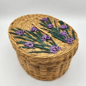 Oval Sea Grass Woven Basket With Lid Purple Iris Flowers - Picture 1 of 12
