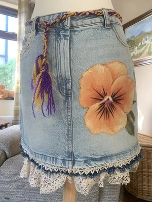 Upcycled Short Denim Skirt Handsewn Floral Lace Boho Festival Cottagecore Hippy - Image 1 of 4