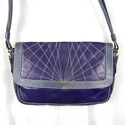 Vintage Faux Leather Purple 1980s Purse Stiched Geometric Shoulder Bag Unbranded - Image 1 of 4
