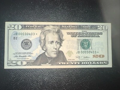 JB00030403*, Low Serial Number And Repeater, $20 US Star Note - Image 1 of 4