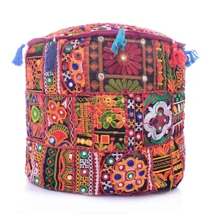 Patchwork Maroon Poufcover Indian Bean Bag Ottoman Ethnic Round Foot Stool Cover - Picture 1 of 3