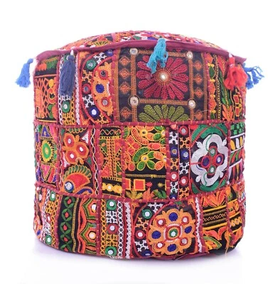 Patchwork Maroon Poufcover Indian Bean Bag Ottoman Ethnic Round Foot Stool Cover - Image 1 of 3