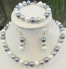 Woman 10mm Elegant White Silver Gray Shell Pearl Necklace Bracelets Earrings AAA