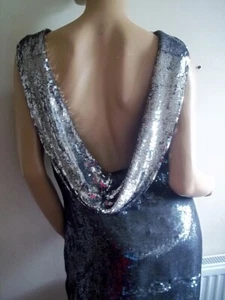 Karen Millen Dress Silver Sequin Bacl Drape Dress UK Size 14 - Picture 1 of 7