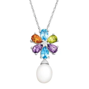 Sterling Silver Genuine 2.60 ct Multi-Stone & Pearl Floral Drop Pendant Necklace - Picture 1 of 3