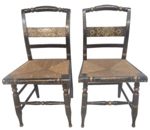 Pair Antique Hitchcock Rush Seat Chairs Black Paint decorated - Picture 1 of 22