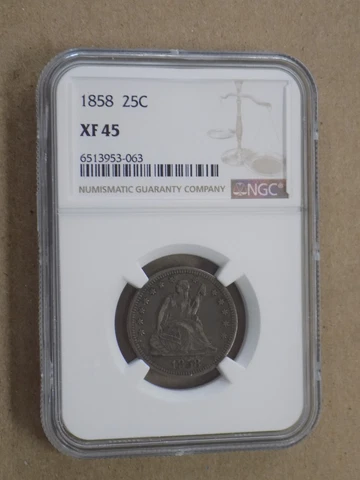 1858 25C Seated Liberty Quarter NGC XF45 Cover
