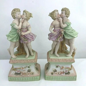 MEISSEN STYLE ARNART CREATION 14” GIRLS KISSING PORCELAIN LAMP BASES SET OF 2 - Picture 1 of 12