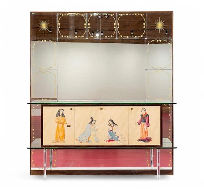 Mueble de bar con espejo de mediados de siglo Credenza con motivo asiático, hecho en Italia Foto 1 de 4
