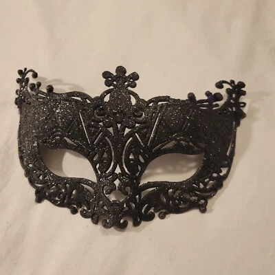 Black Glitter Masquerade Mask Stag Hen Party Balls Fancy Dress Masks Filigree - Image 1 of 2