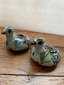 Set of 2 Tonala Mexican Pottery Hand Painted Bird Candle Holders Folk Art Signed - Picture 1 of 6