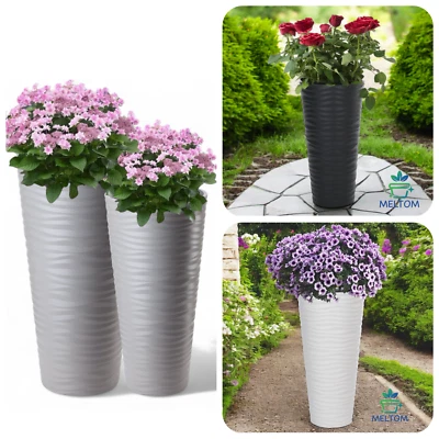 Hoher Pflanzkübel Slim Rund mit Einsatz – Wellen-Dekor, Kunststoff, bis 79 cm - Bild 1 von 4