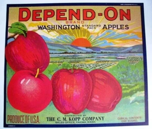 Original lithograph 1930s DEPEND-ON apple crate label C.M. Kopp Yakima WA sunset - Picture 1 of 1