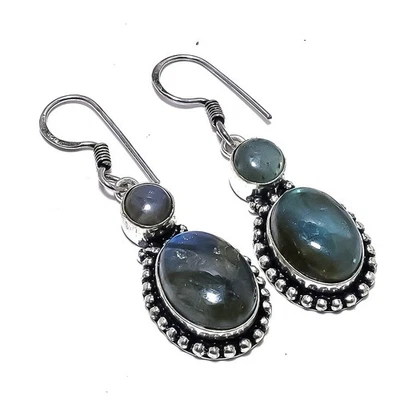 Pendiente de plata de ley 925 con piedras preciosas de labradorita natural 2,0" O066 Foto 1 de 4