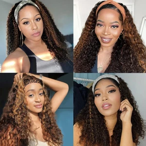 Wig Curly Women Wigs Human Hair Ombre Deep Wave Headband #4/27 for Black - Picture 1 of 12