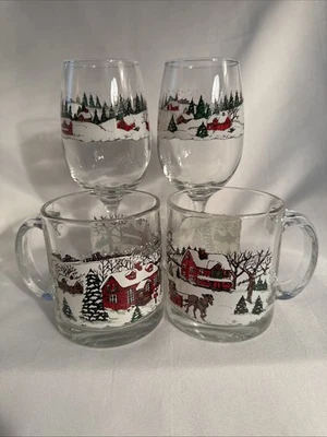 4件装Libbey圣诞冬季乡村玻璃器皿:2款葡萄酒12盎司玻璃杯+2杯美国马克杯 — 第 1/4 张图片