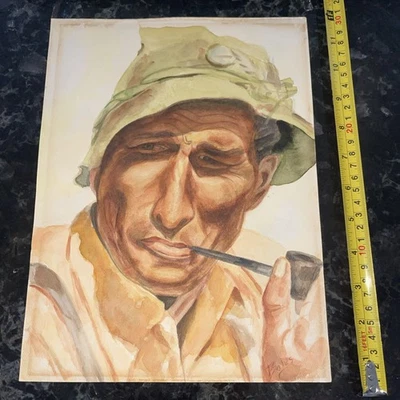 Impresionante pintura acuarela vintage retrato de hombre con pipa. Pacas firmadas 12x9. Foto 1 de 4