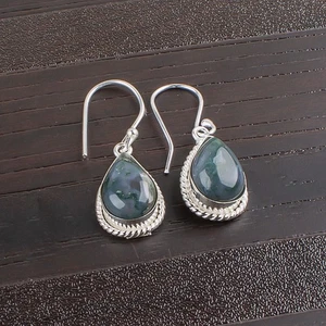 Natural Moss Agate Gemstone 925 Sterling Silver Jewelry Dangle Earrings For Gift - Picture 1 of 6
