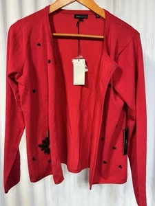 Cárdigan BCBGMaxAzria Rojo Negro Cuentas Copos de Nieve Vacaciones Oficina Clásico Nuevo con Etiquetas Lg - Imagen 1 de 5