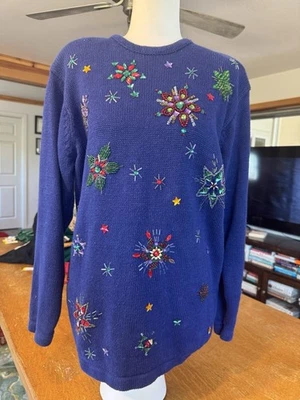Suéter Navidad Karen Scott Vintage Para Mujer Talla L Púrpura Azul Bordado Años 90 Foto 1 de 4