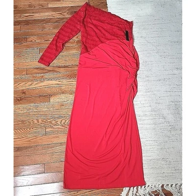 Maxi Vestido Venus Rojo Un Hombro Encaje XL Acanalado Abertura Lateral Vacaciones Noche Fiesta Foto 1 de 4