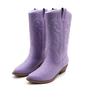 Women Western Cowgirl Boots Faux Leather Mid-Calf Length with Embroidered Design - Picture 1 of 100