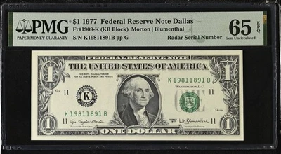 1977 $1 Federal Reserve Note Radar Serial Number K19811891B PMG 65 EPQ Fr.1909-K - Image 1 of 4