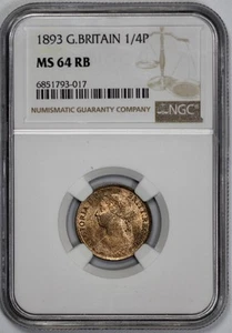 1893 Great Britain 1/4p Farthing NGC MS 64 RB - Picture 1 of 4