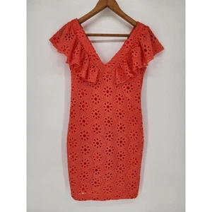 Trina Turk Neriah Coral Eyelet Lace Ruffle Mini Dress Size 2 - Picture 1 of 8