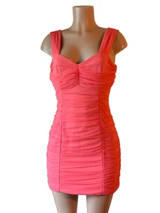 Twelve by Twelve Very Stretchy Mesh Overlay Ruched Coral Cocktail Dress SIZE M - Picture 1 of 10