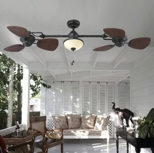 Damp Outdoor/Indoor 74" Dual Patio Ceiling Fan w/ Light Fixture Twin Wicker Leaf - Picture 1 of 5