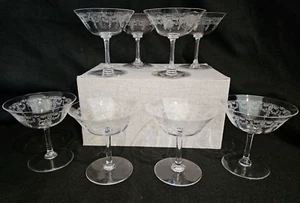 VINTAGE ETCHED SHERBERT/ CHAMPAGNE GLASS 4 1/4" TALL SCROLL FLORAL BOW SET OF 8 - Picture 1 of 24
