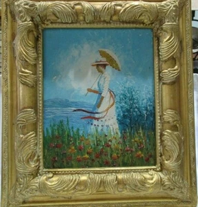 Vintage Gemälde verziert großer Goldrahmen Mädchen mit Sonnenschirm Blumenfeld Meer - Bild 1 von 6