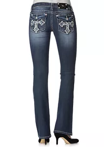 Pantalones de mezclilla azules para mujer Miss Me ~talla 28~ bolsillo cruzado adornados con estrás corte bota - Imagen 1 de 2