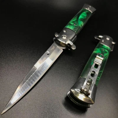 9"Tactical Green Pearl Spring Assisted Open Blade Folding Pocket Knife with Clip - Image 1 of 3