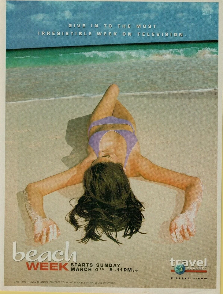Bikini púrpura Travel Channel Beach Week 2001 niña playa surf anuncio impreso vintage Foto 1 de 1
