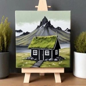 Iceland art Black house painting Moss green decor Mossy roof cabin house canvas - Picture 1 of 9