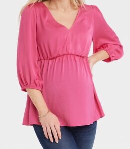Isabel Maternity Elbow Sleeve Woven Back Cut Out Maternity & Beyond Shirt Pink S