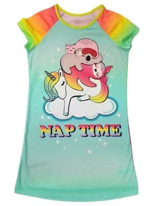 Girls Nap Time Rainbow Unicorn Sloth Koala Cat Sleep Shirt Nightgown - Picture 1 of 2