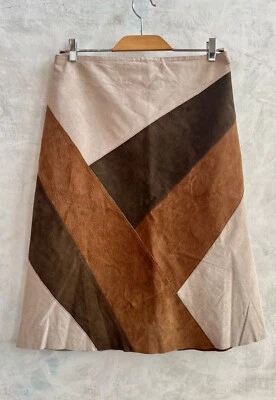 NEW LOOK Beige Tan Brown Real Suede Leather Patchwork Boho Western Midi Skirt 12 - Image 1 of 4