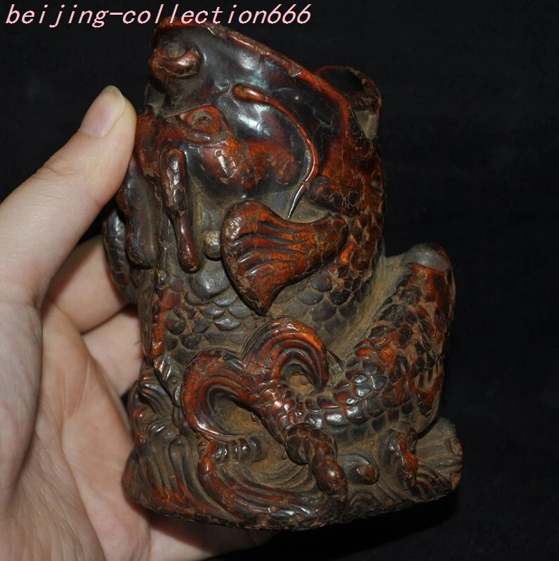 4.2"China Dynasty palace old amber Carved fengshui fish brush pot pencil vase - Image 1 of 4