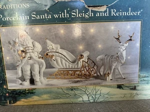 Traditions White Porcelain Santa w/Sleigh & Reindeer Gold COLOR TRIM BEAUTIFUL!! - Picture 1 of 14