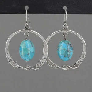 Retired Silpada Sterling Hammered Twisted Hoop Turquoise Dangle Earrings W1437 - Picture 1 of 5