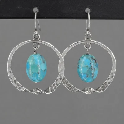 Retired Silpada Sterling Hammered Twisted Hoop Turquoise Dangle Earrings W1437 - Image 1 of 4