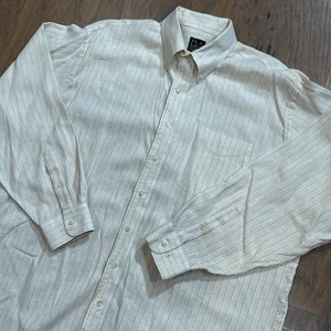Vintage Jos A Bank Shirt Mens XL Beige Stripe Linen Button Up Relaxed Fit Pocket - Picture 1 of 8