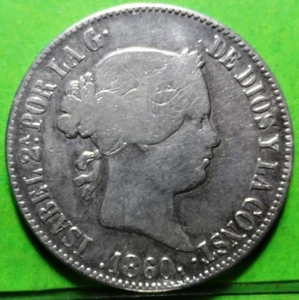 ISABEL II, 10 Reales, 1860, SEVILLA, Silver, SPAIN - Picture 1 of 2