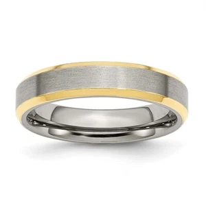 Stainless Steel Beveled Edge 5mm Brushed/Polished Yellow IP-plated Band Ring - Picture 1 of 7